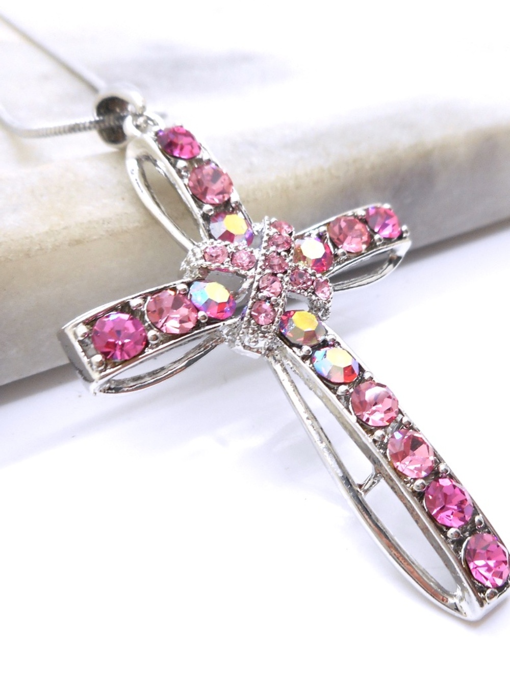2" Crystal Cross Pendant Necklace Pink 3D Design